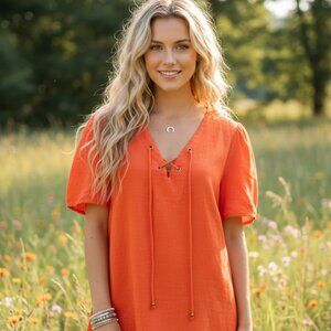 Knox Rose L Top Orange Red Lace Up Flutter Boho Coastal Normcore Casual Peasant